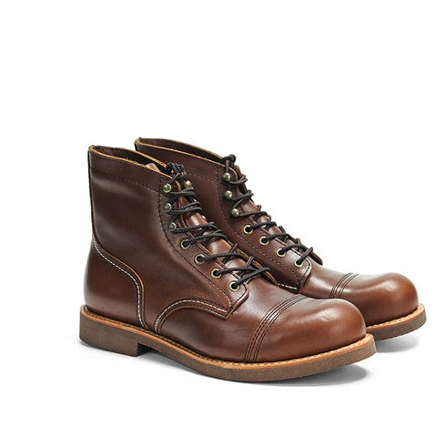 Rugged Heritage Genuine Leather Motorcycle Boots for Men - Vintage Mid-Cut Cowhide Footwear