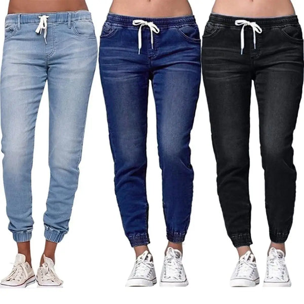 Drawstring Jeans Denim Pants Casual Loose Fit With Pockets Plaid Pattern For Everyday Wear