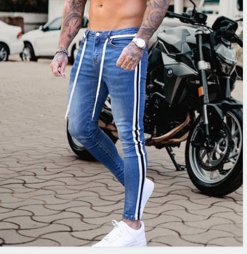 Stripes for Jeans Bike Skinny Jeans Men Stretch Denim Trousers