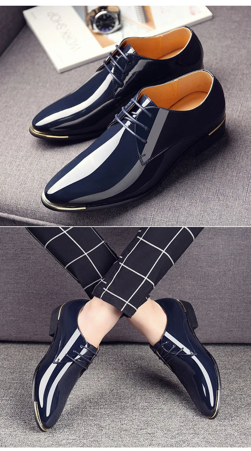 Men's Pointed Toe Patent Leather Dress Shoes - Elegant Lace-Up Styles for Weddings and Business Events