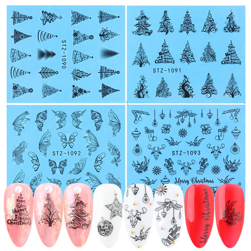 Winter Wonderland Nail Art Stickers with Snowflakes, Cute Santa, Snowman, and Winter Birds for Festive Manicure Decoration - 4pcs Set of Water Transfer Sliders and Temporary Tattoos