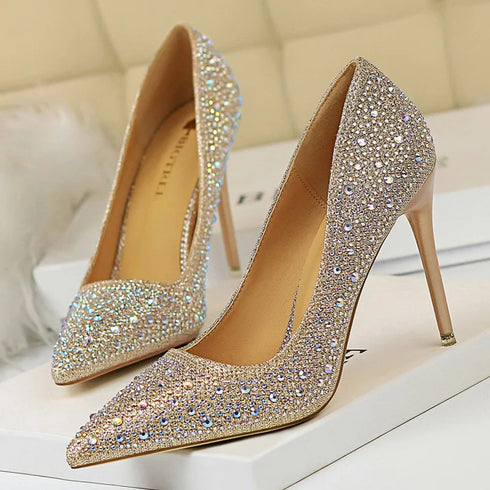 Rhinestone Stiletto Wedding Pumps for Women - Crystal Embellished Pointed Toe Heeled Shoes
