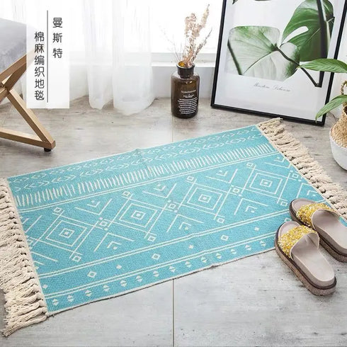 Ethnic Style Woven Linen Cotton Rectangle Rug Mat for Living Room and Bedroom Foot Pad