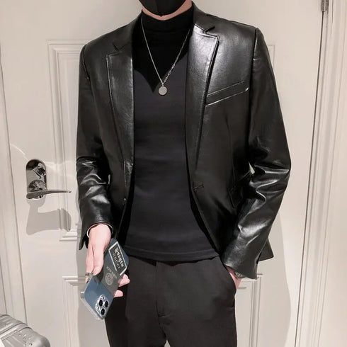 Stylish Slim Fit PU Leather Blazer Jackets for Men - Casual Business Suit Coats in 4XL Size for Autumn and Winter Wear