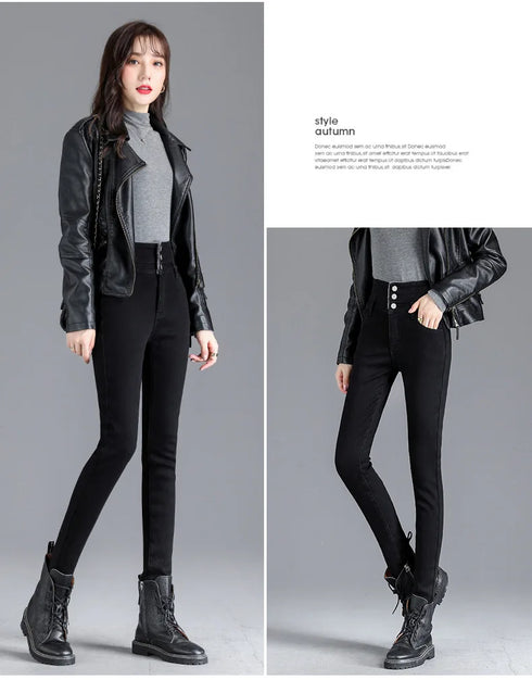 Warm High-Waist Fleece-Lined Skinny Jeans for Women - Perfect for Casual Fall Outfits and Stylish Pencil Pants Looks