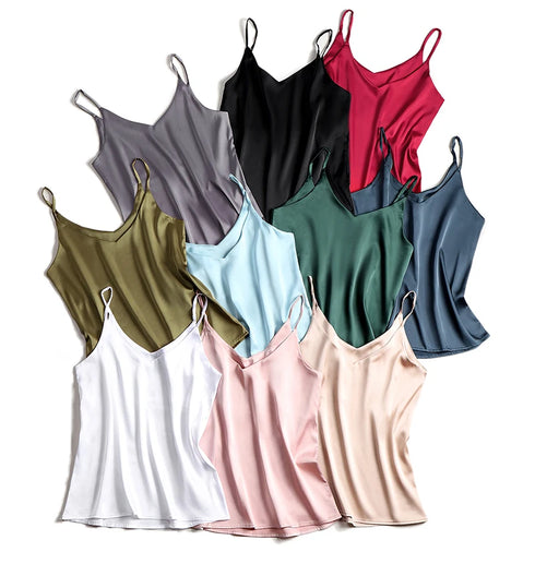 Spaghetti Strap Satin Silk Tank Top Women Sleeveless Halter V Neck Camisole Summer Casual Cami
