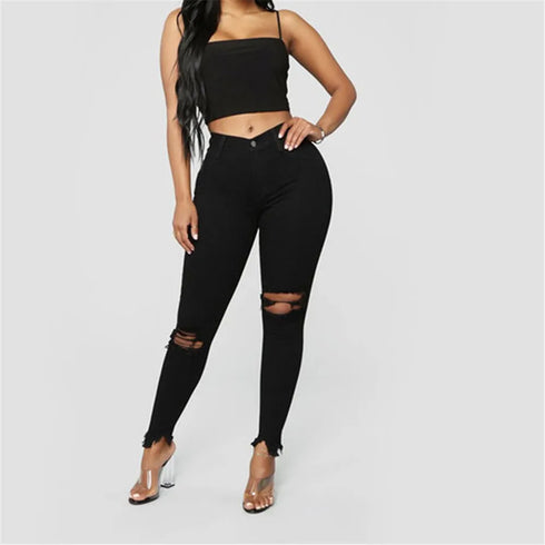 Chic Ripped Skinny Jeans for Women - Stylish Casual Denim Pencil Pants Perfect for Fall Outfits with Jeans, Streetwear Fashion S-3XL