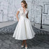 Princess Short Wedding Dresses Tea-Length Cap Sleeve V-Neck Lace Appliques A-Line Satin