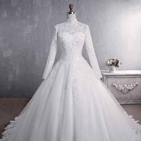 Muslim Wedding Dress Elegant High Neck Princess Bride Gown