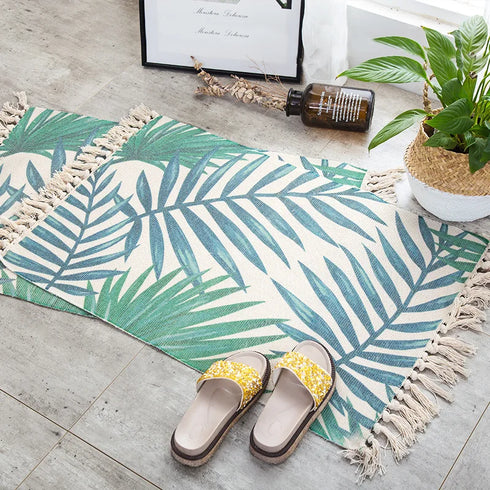 Ethnic Style Woven Linen Cotton Rectangle Rug Mat for Living Room and Bedroom Foot Pad