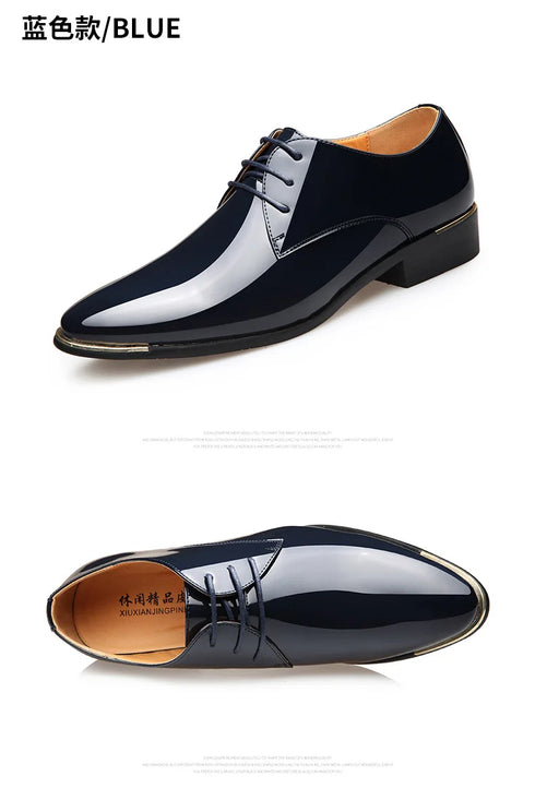Men's Pointed Toe Patent Leather Dress Shoes - Elegant Lace-Up Styles for Weddings and Business Events