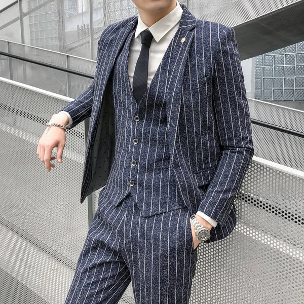 Stylish Striped 3-Piece Men's Suit - Slim Fit Blazer & Pants for Casual or Wedding Events