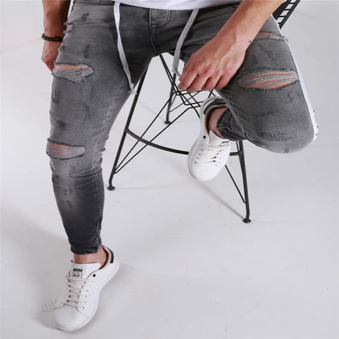 Men's Skinny Denim Biker Jeans with Ripped Pencil Design and Side Stripes - Trendy Hip-Hop Slim Trousers for Stylish Outfits