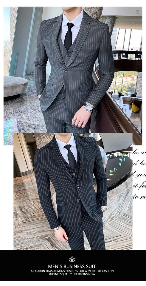 ( Jacket + Vest + Pants ) Prom Groom Tuxedos Male Wedding Suits 3Pcs Set Men's Striped Casual Business Suit