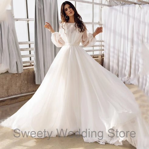 Jiayigong Modest Bridal Gowns Puff Sleeves A Line Wedding Dress