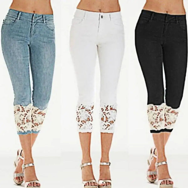 Lace Stretchy Calf Length Mid Rise Jeans Casual Pencil Pants