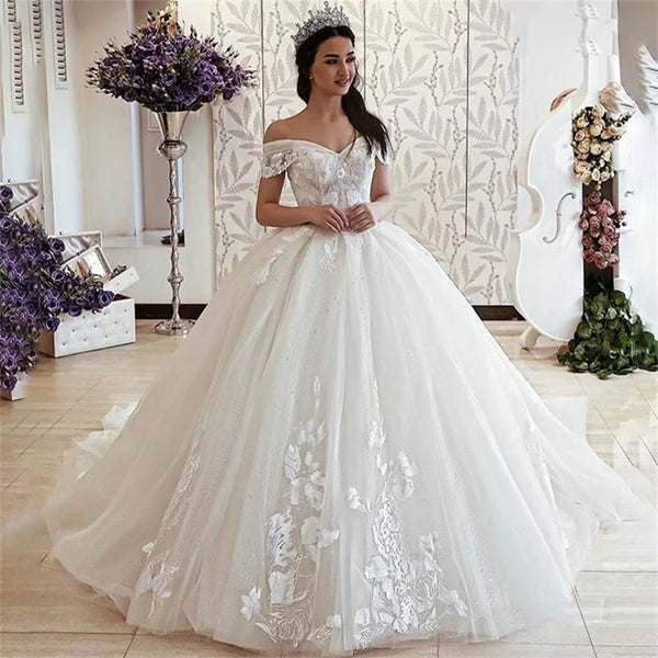 Customized Elegant Ball Gown Bride Wedding Dress with Lace Up Appliques