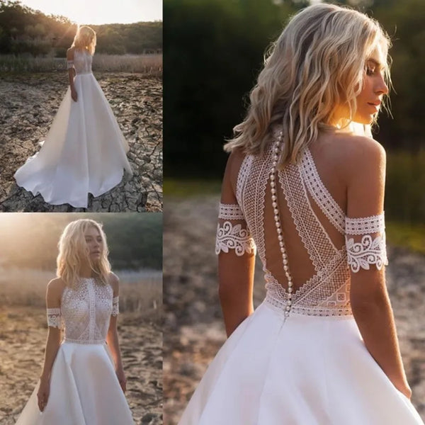 DREAM Customized Satin Bohemian Wedding Dress For Brides Off The Shoulder Lace Halter Gown With Detachable Sleeves