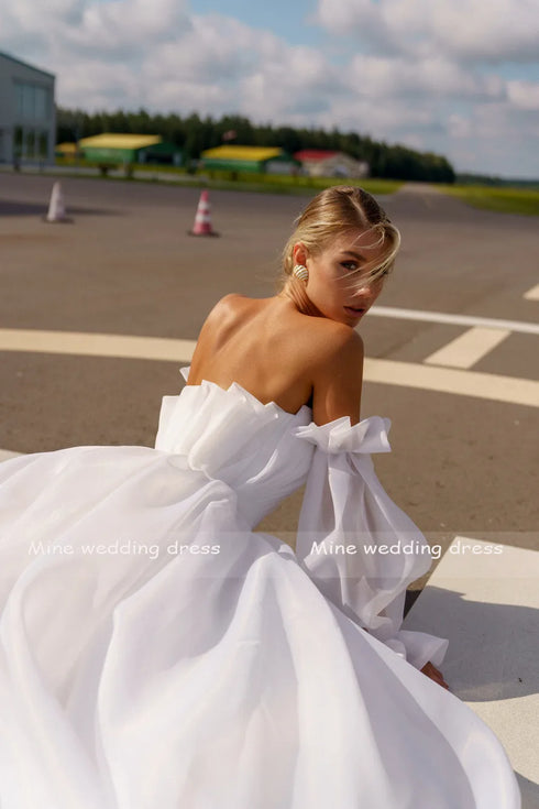Customized Boat Neck Detachable Puff Sleeve A-Line Wedding Dresses