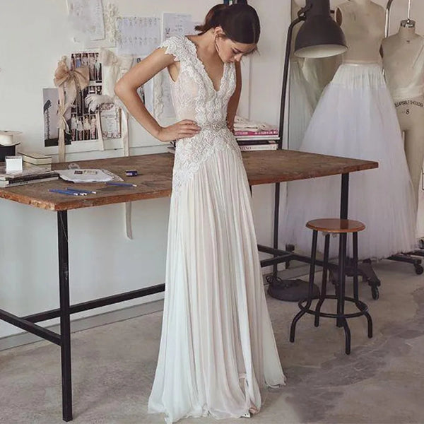 Boho V Neck Wedding Dress A Line Chiffon Gown Sleeveless Backless Elegant Silhouette