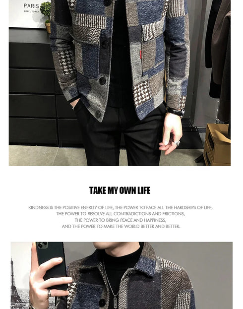 Men's Casual Lapel Hoodless Jacket - Slim Fit Plaid Woolen Coat for Autumn and Winter Fashion