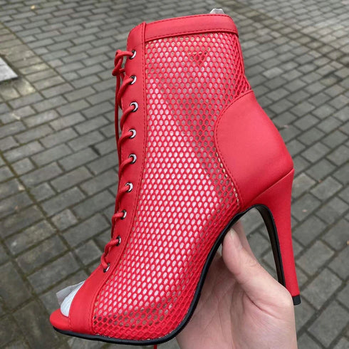 Sexy High Heels Hollow Mesh Sandals for Summer Fashion Comfort Peep Toe Stilettos Jazz Dance Female Shoes Plus Size