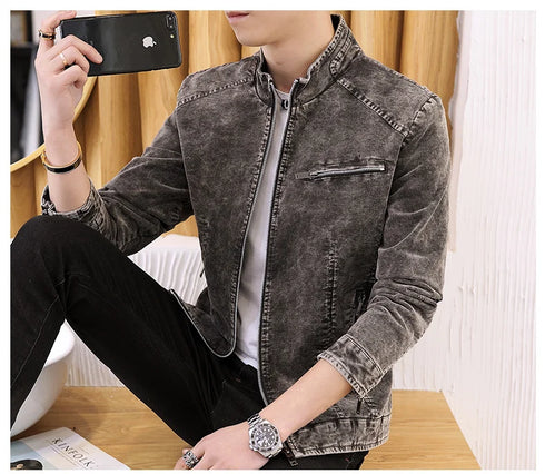 Men's Retro Motorcycle Denim Jacket with Stand Collar, Long Sleeve Zippered Casual Outerwear for Spring and Autumn Fashion