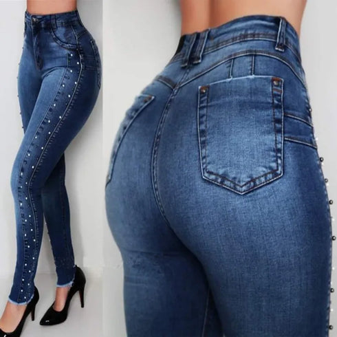 Casual High Waist Beaded Skinny Jeans - Perfect for Fall Outfits with Jeans, Stylish Denim Pencil Pants for a Chic Street Fashion Look
