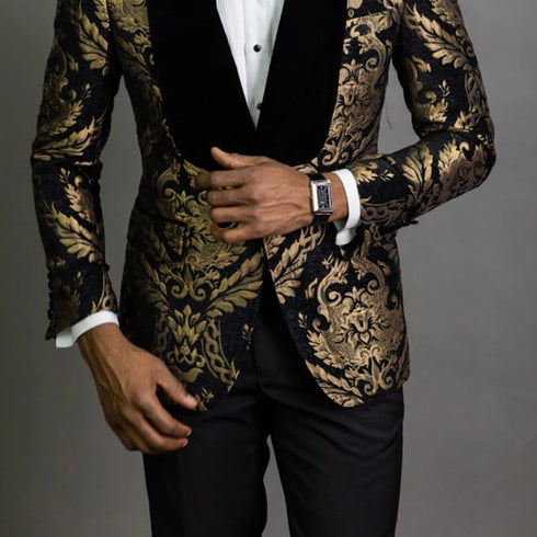 African Fashion Floral Jacquard Men's Slim Fit Blazer with Velvet Shawl Lapel