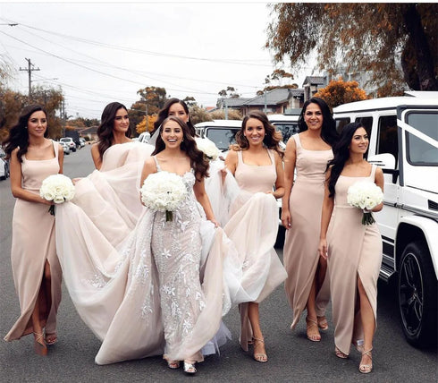 Bridesmaid Dress Stretchy Pencil Silhouette Satin Floor Length With Square Collar Front Split Dresses