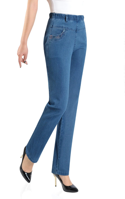 Autumn Casual Loose Fit Straight Leg Jeans for Middle-Aged Women with Pocket Embroidery - Perfect for Fall Outfits with Jeans and Everyday Style