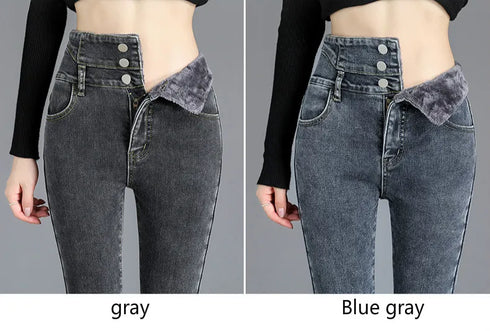 Warm High-Waist Fleece-Lined Skinny Jeans for Women - Perfect for Casual Fall Outfits and Stylish Pencil Pants Looks