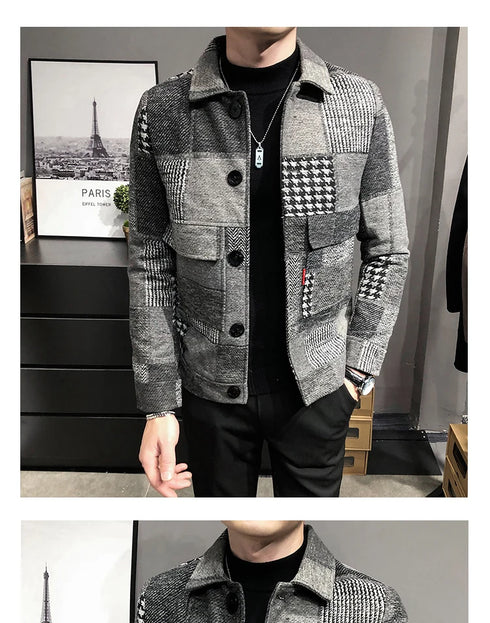 Men's Casual Lapel Hoodless Jacket - Slim Fit Plaid Woolen Coat for Autumn and Winter Fashion