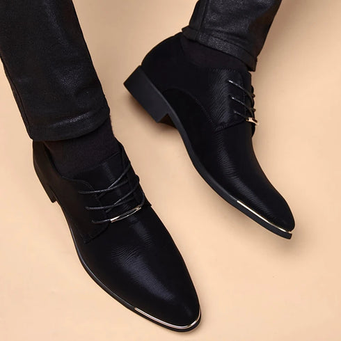 Stylish Men's Leather Dress Shoes - Breathable Pointed Toe Formal Footwear for Office, Weddings, and Casual Occasions - Comfortable and Elegant Black Flats for Every Season