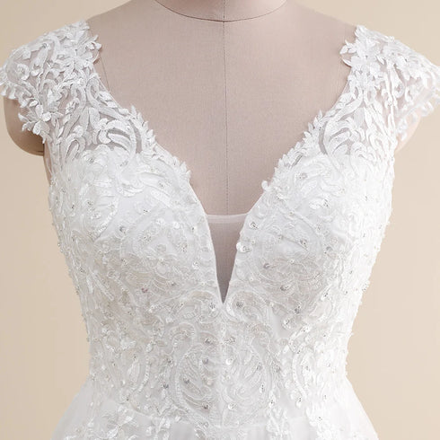 Amazing Wedding Dress Plus Size V Neck Cap Sleeve A Line Gown