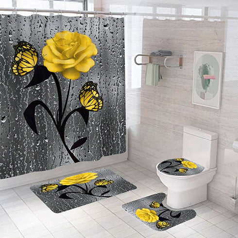 Red Rose and Butterfly Bathroom Mat and Shower Curtain Set Waterproof Eco-Friendly Design