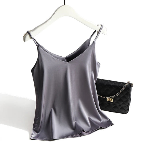 Spaghetti Strap Satin Silk Tank Top Women Sleeveless Halter V Neck Camisole Summer Casual Cami