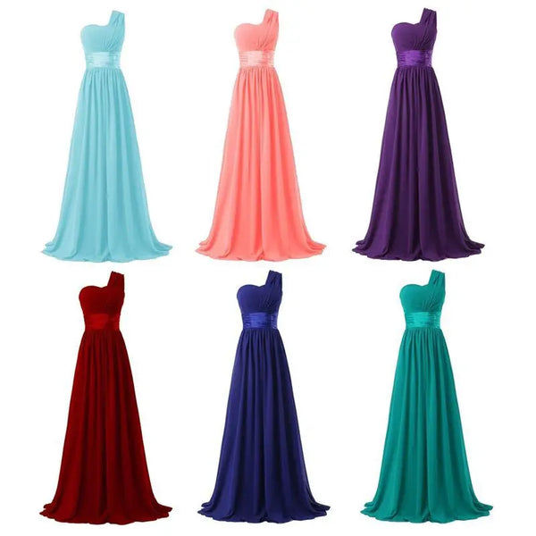 Bridesmaid Dress A Line Chiffon One Shoulder Pleated Back Lace Up Floor Length Wedding Dress