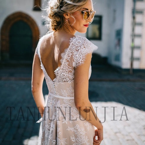 Customized Vintage Champagne Lace Bohemian Wedding Dress A Line Cap Sleeve Sexy Backless Bridal Gown