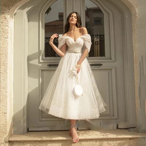 Bling Glitter Boho Wedding Dresses for Women Sweetheart Tulle Beach Bridal Gown