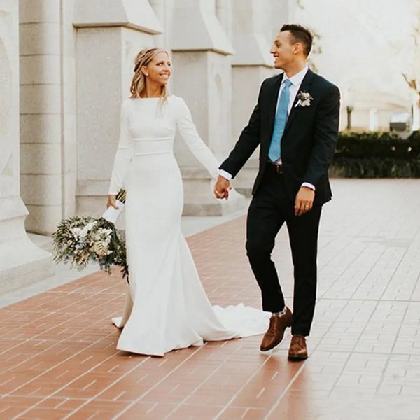 Customized Long Sleeves Muslim Arabic Wedding Dresses Woman Elegant Korea Plus Size Soft Satin Bridal Gowns