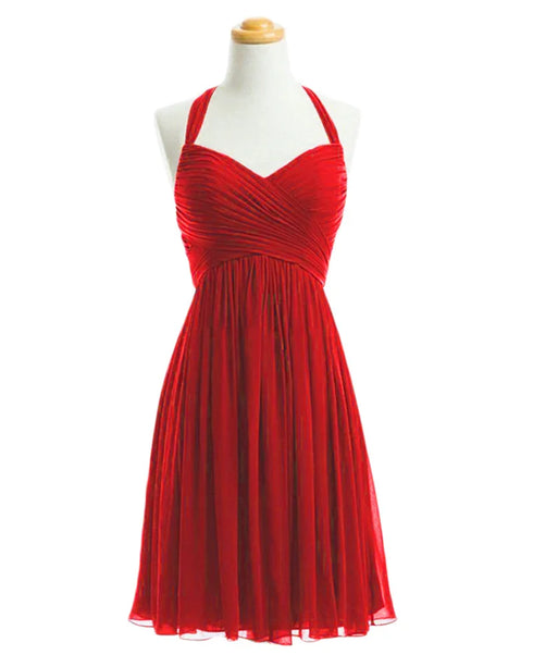 Bridesmaid Dress A Line Chiffon Knee Length Sweetheart Halter Zipper Back Dresses