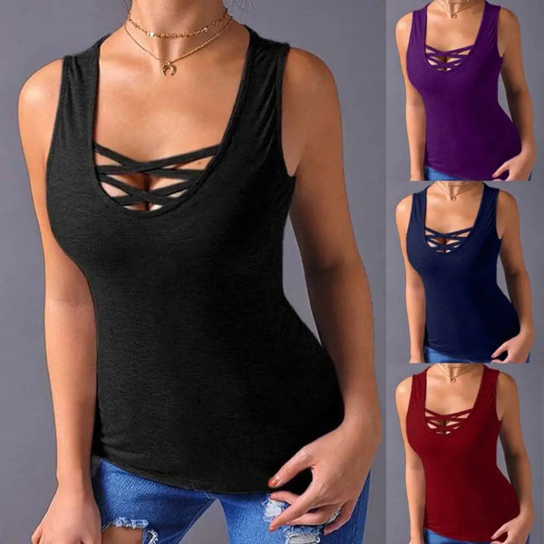 Plus Size Women’s Casual Summer Tank Top with Cross Strap and Round Neck – Stylish Solid Color Sleeveless Vest for Effortless Everyday Wear