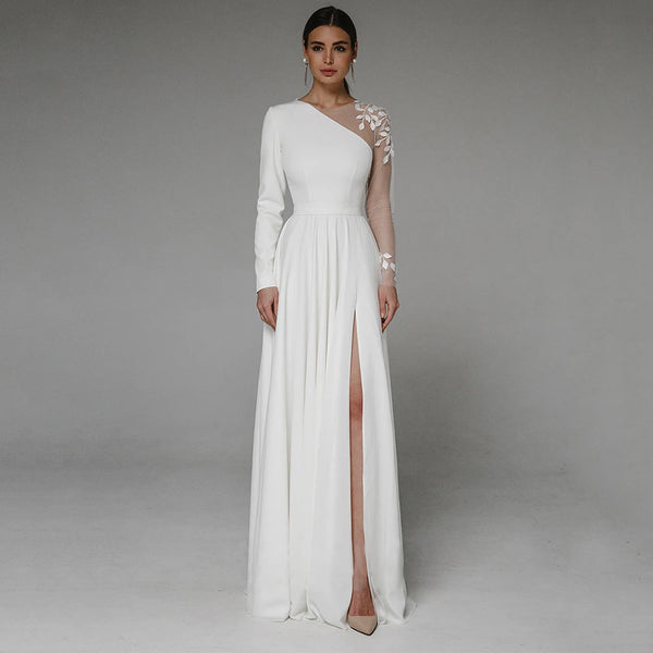 Asymmetrical Side Slit Wedding Dress Long Sleeve Bridal Gown