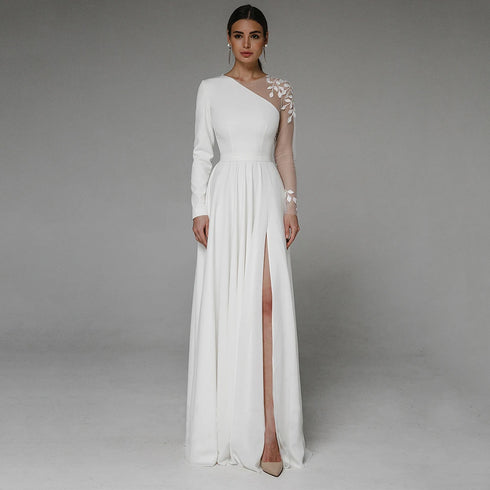 Asymmetrical Side Slit Wedding Dress Long Sleeve Bridal Gown