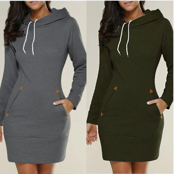 Hooded Sweatshirt Dress Long Sleeve Knee-Length Pockets Womens Dress