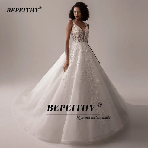 BEPEITHY Customized V Neck Sleeveless Wedding Dresses A Line Bridal Gown