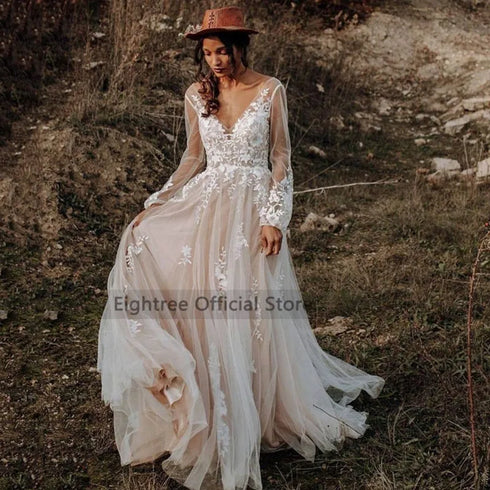 Eightree Vintage Boho Wedding Dresses Long Sleeve Lace Gowns