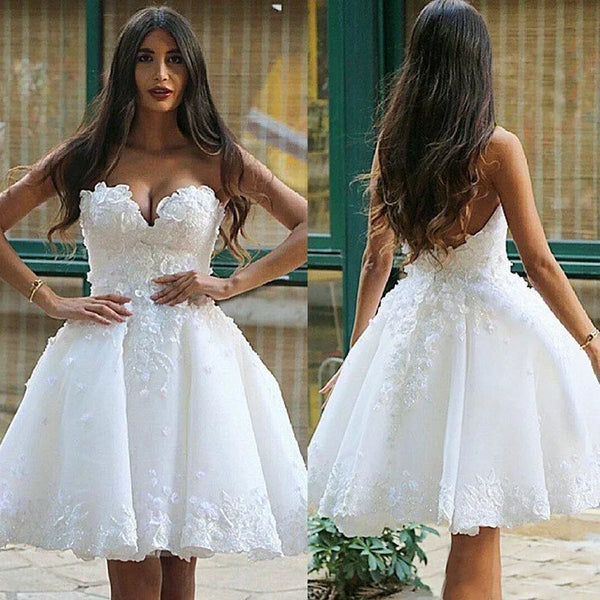 Lace Wedding Dress With Sweetheart Neckline Knee Length Appliques Beading Open Back Bridal Gown