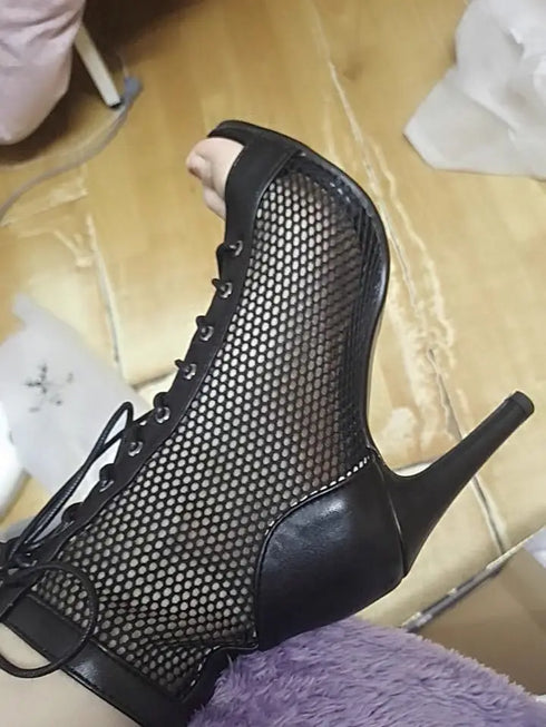Sexy High Heels Hollow Mesh Sandals for Summer Fashion Comfort Peep Toe Stilettos Jazz Dance Female Shoes Plus Size